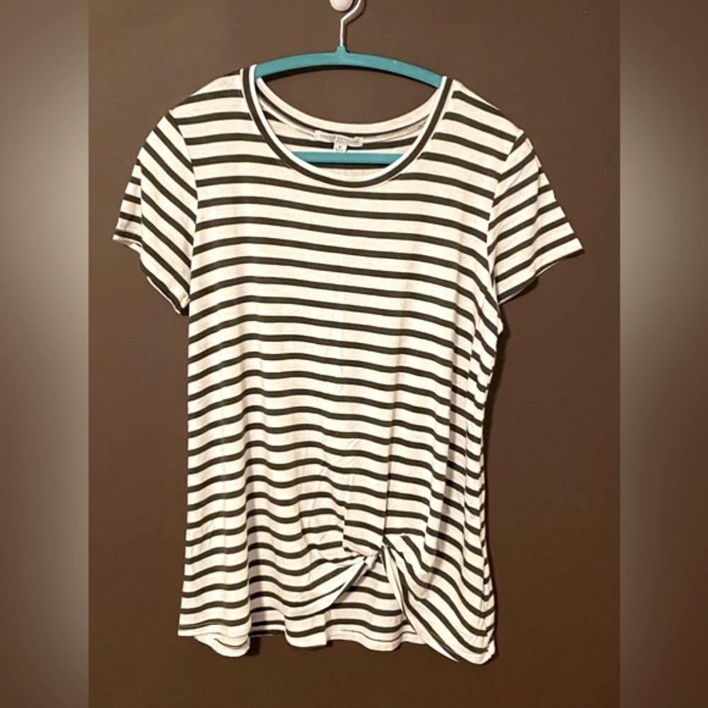 *2/$10* Green Envelope Green and Cream Striped Twist Bottom Top. Size Med